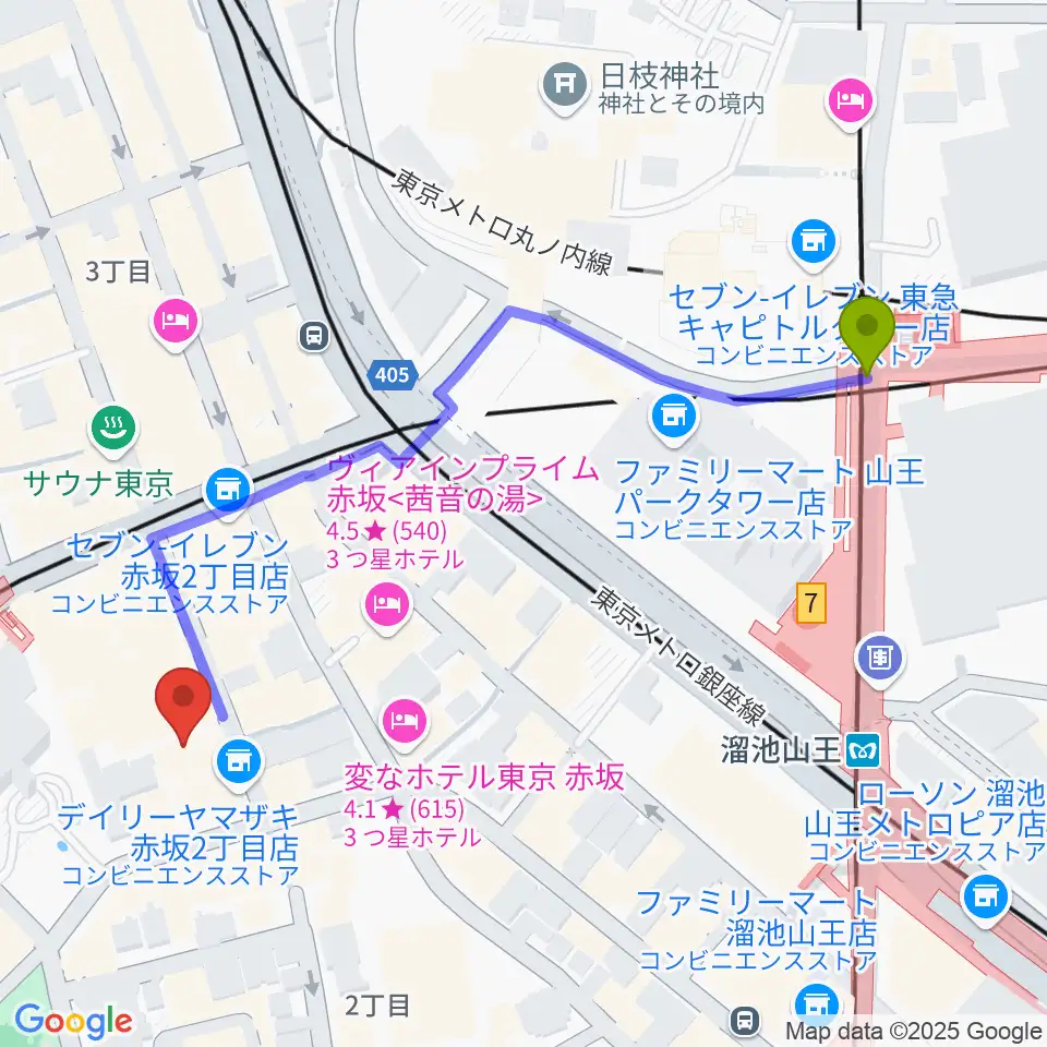 溜池山王駅から赤坂Jaka'zへのルートマップ地図