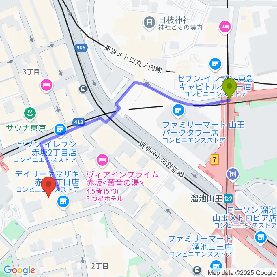 溜池山王駅から赤坂Jaka'zへのルートマップ地図