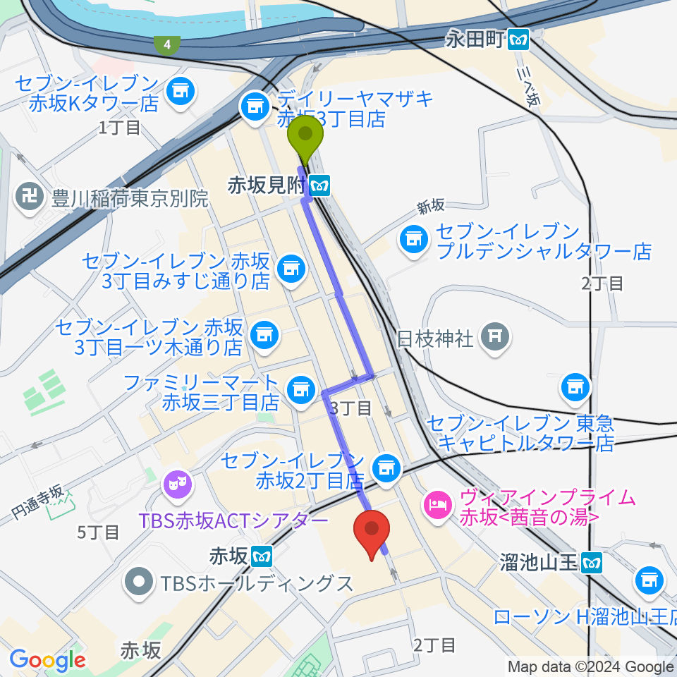 赤坂見附駅から赤坂Jaka'zへのルートマップ地図