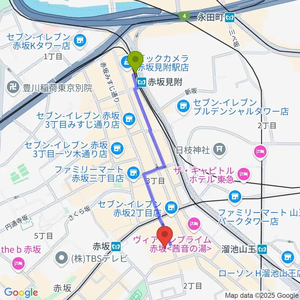 赤坂見附駅から赤坂Jaka'zへのルートマップ地図