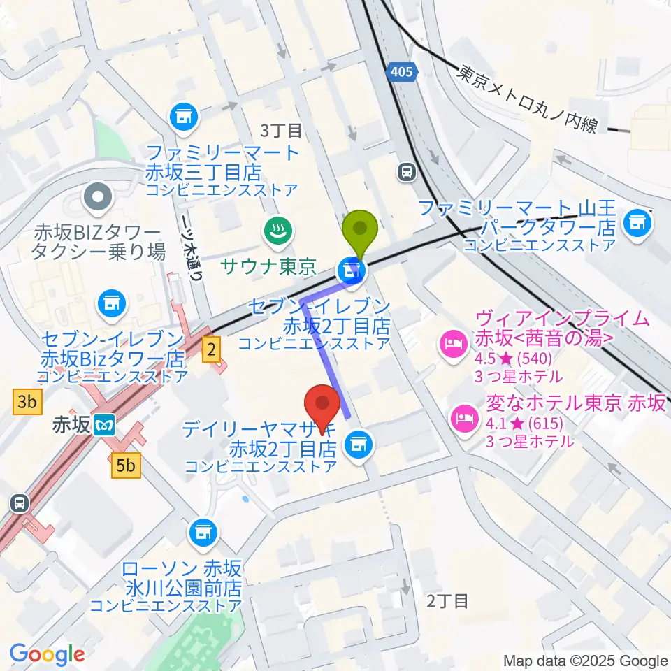 赤坂Jaka'zの最寄駅赤坂駅からの徒歩ルート（約2分）地図