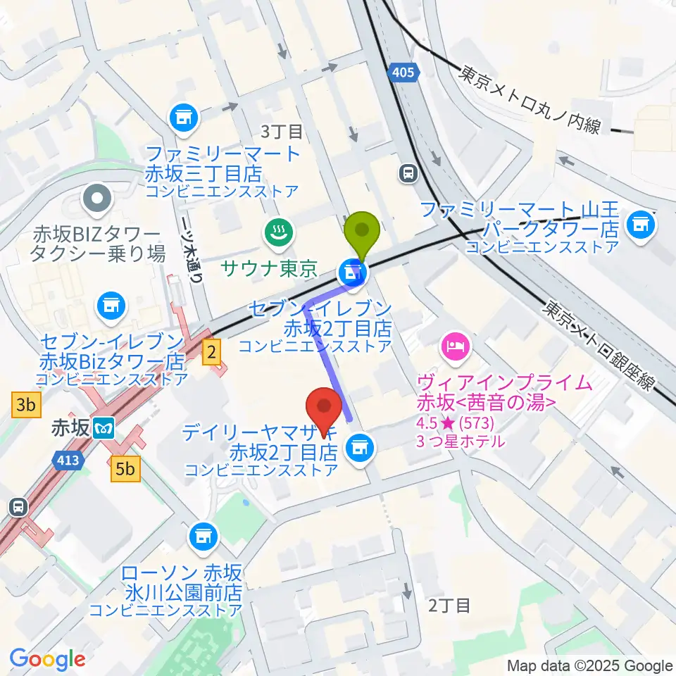 赤坂Jaka'zの最寄駅赤坂駅からの徒歩ルート（約2分）地図