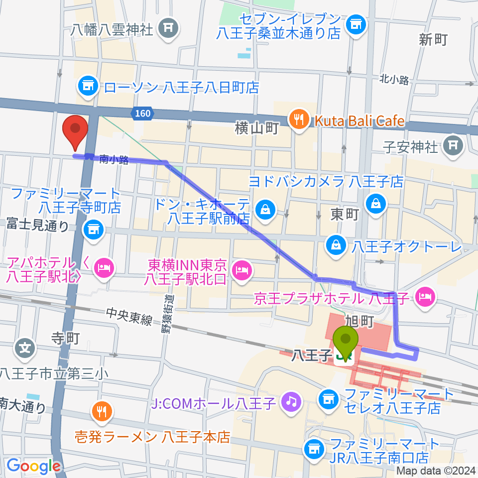 八王子SHeLTeRの最寄駅八王子駅からの徒歩ルート（約11分）地図