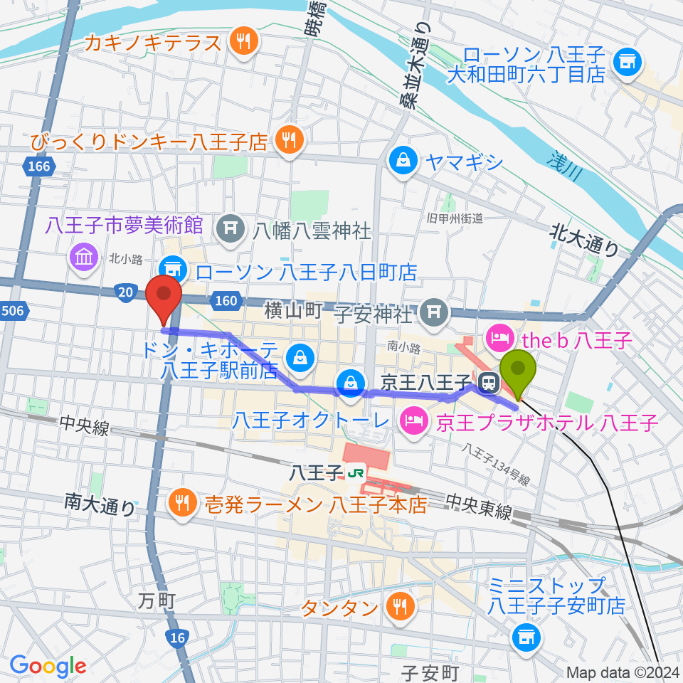 京王八王子駅から八王子SHeLTeRへのルートマップ地図