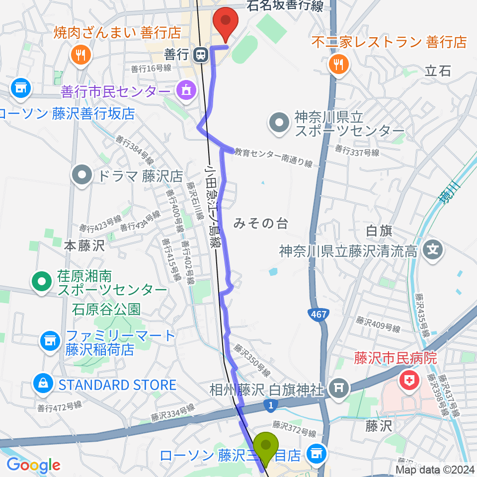 藤沢本町駅から善行Zへのルートマップ地図