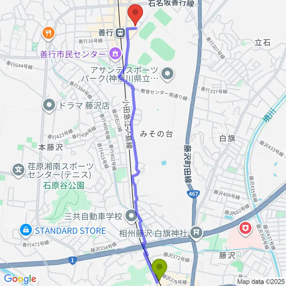 藤沢本町駅から善行Zへのルートマップ地図