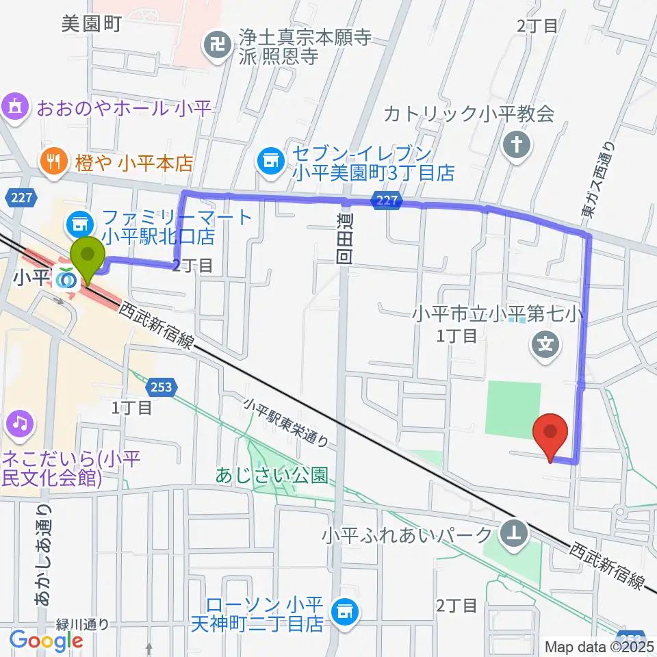 小平ギター＆ピアノ教室 小平教室の最寄駅小平駅からの徒歩ルート（約12分）地図