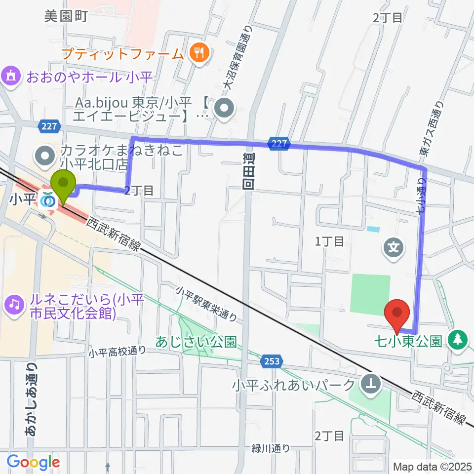 小平ギター＆ピアノ教室 小平教室の最寄駅小平駅からの徒歩ルート（約12分）地図