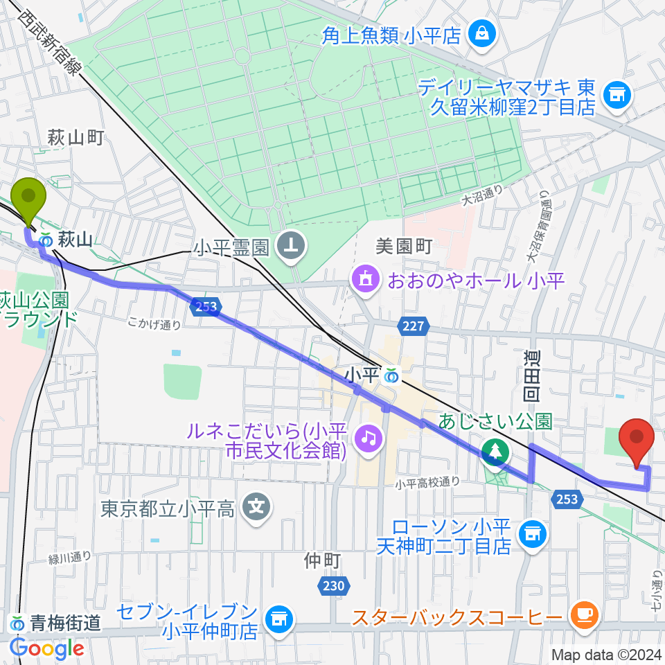 萩山駅から小平ギター＆ピアノ教室 小平教室へのルートマップ地図