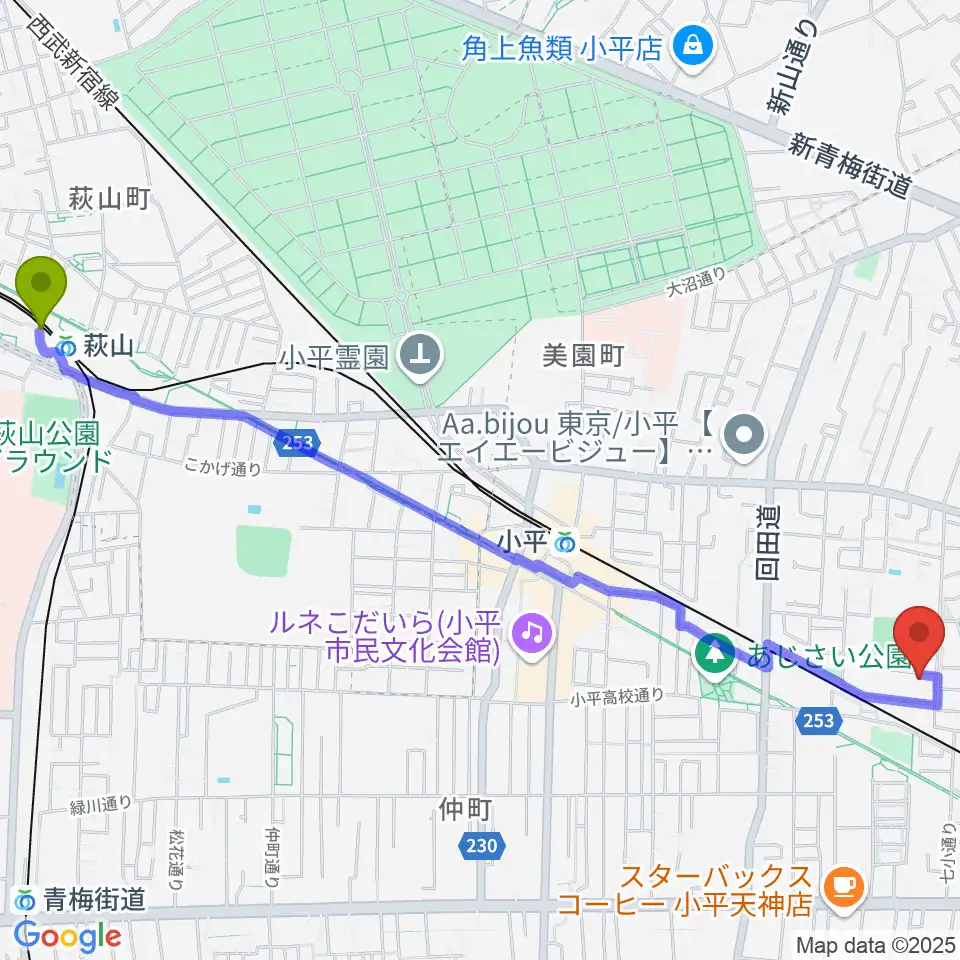 萩山駅から小平ギター＆ピアノ教室 小平教室へのルートマップ地図