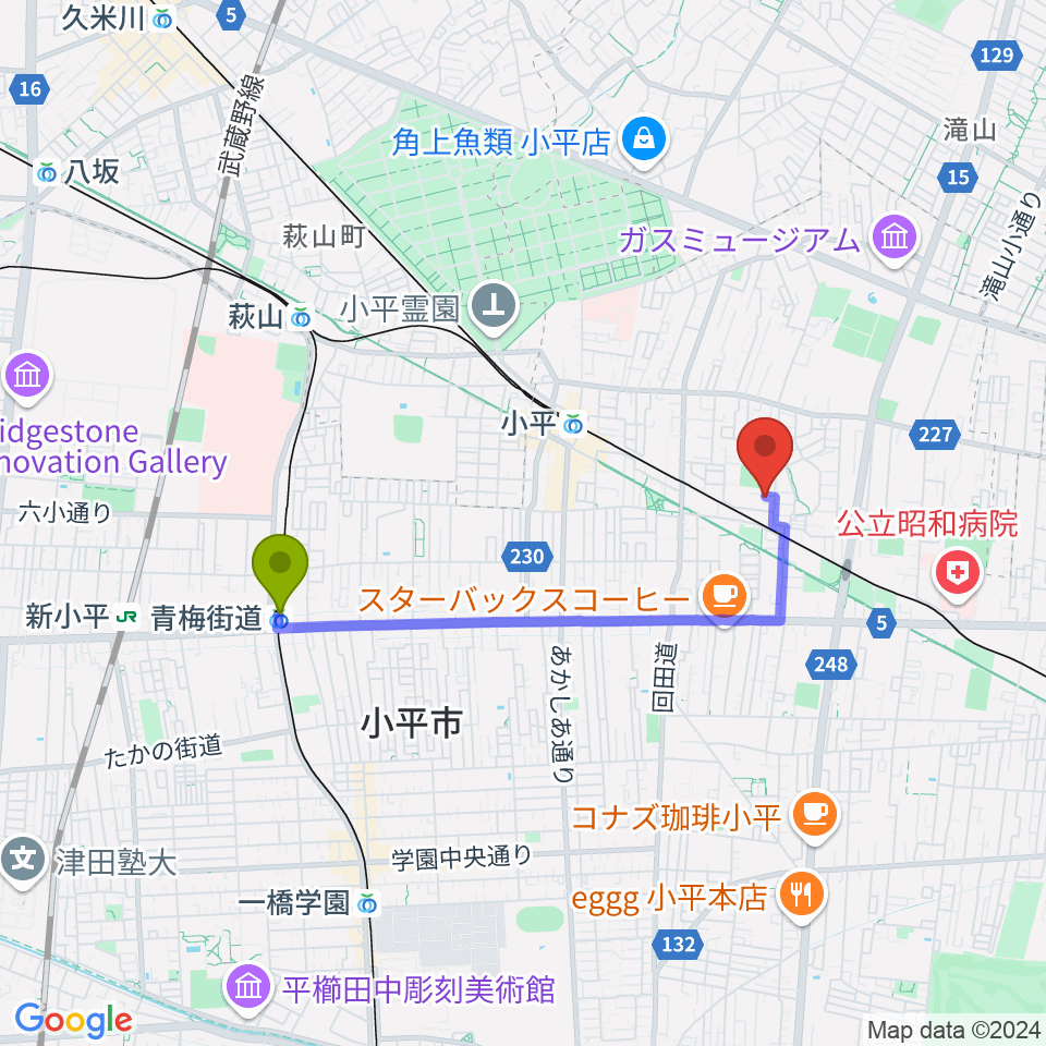 青梅街道駅から小平ギター＆ピアノ教室 小平教室へのルートマップ地図