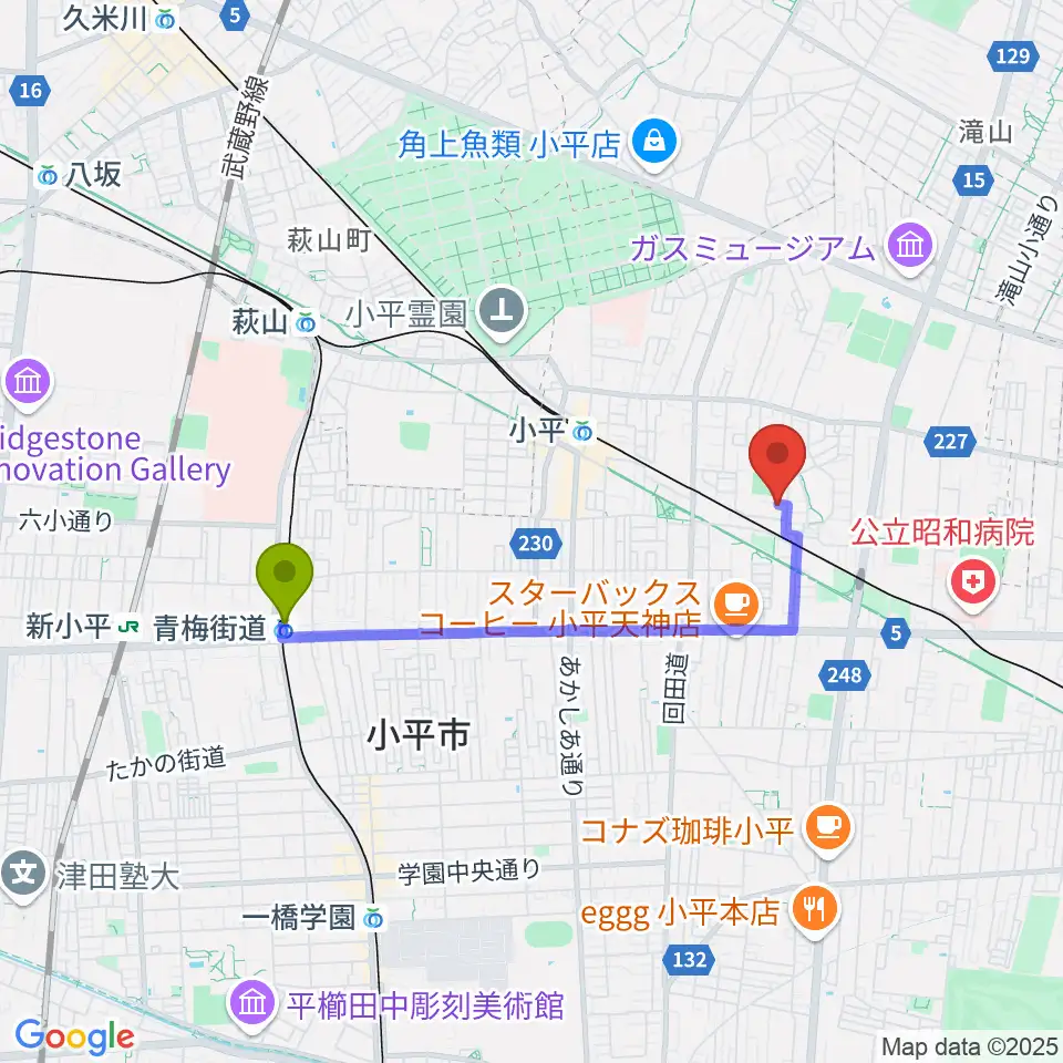 青梅街道駅から小平ギター＆ピアノ教室 小平教室へのルートマップ地図