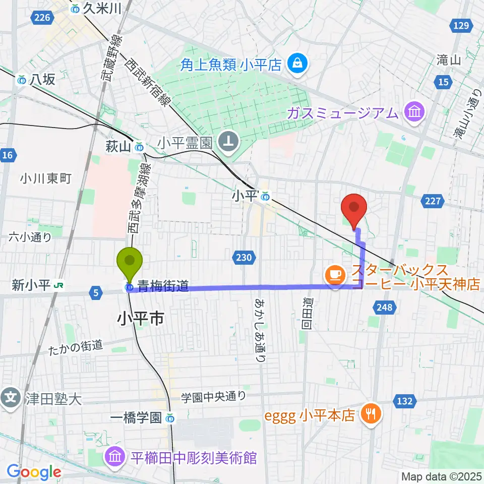 青梅街道駅から小平ギター＆ピアノ教室 小平教室へのルートマップ地図