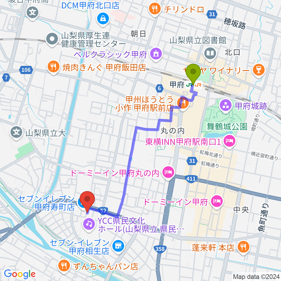 楽器工房コンチェルトの最寄駅甲府駅からの徒歩ルート（約18分）地図