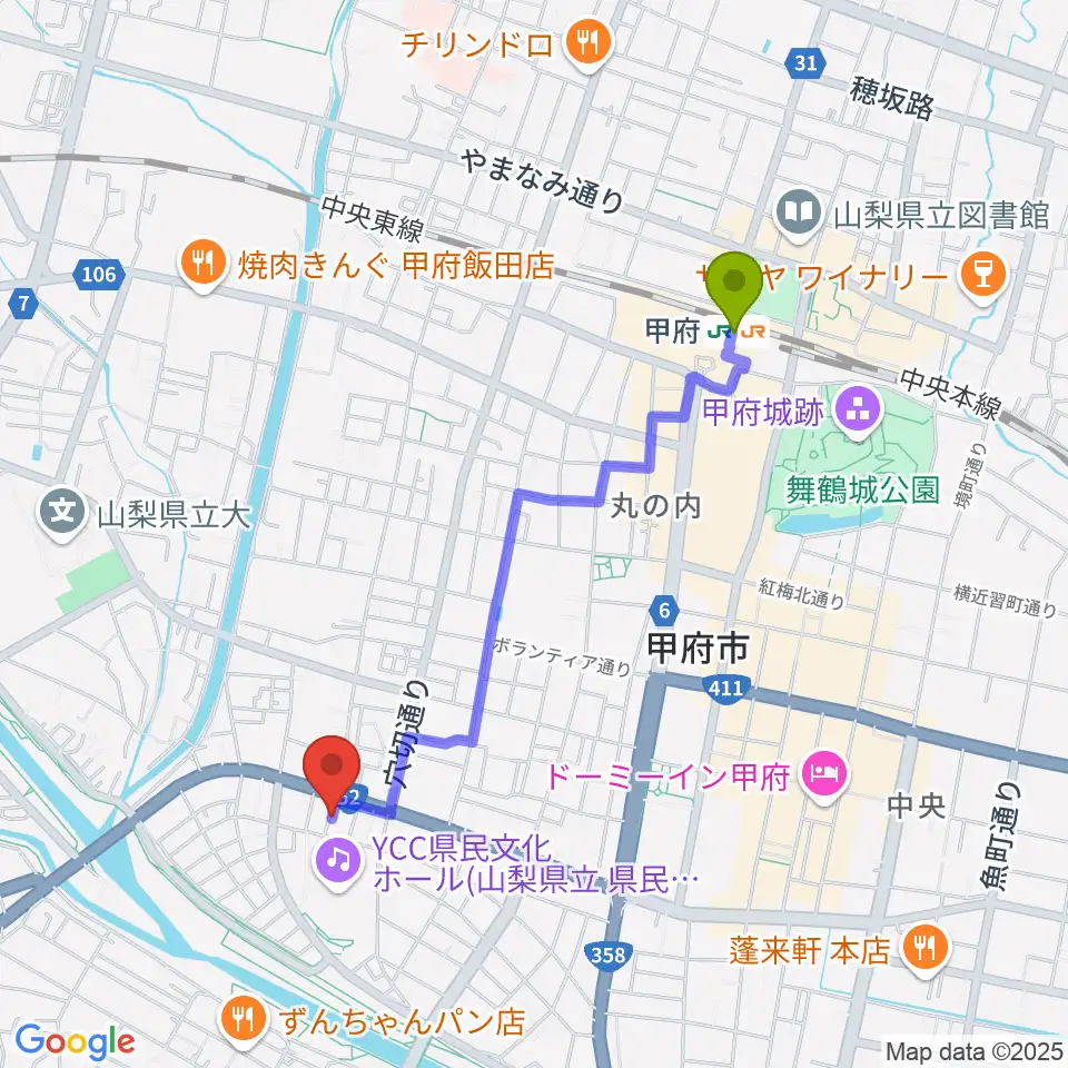 楽器工房コンチェルトの最寄駅甲府駅からの徒歩ルート（約18分）地図