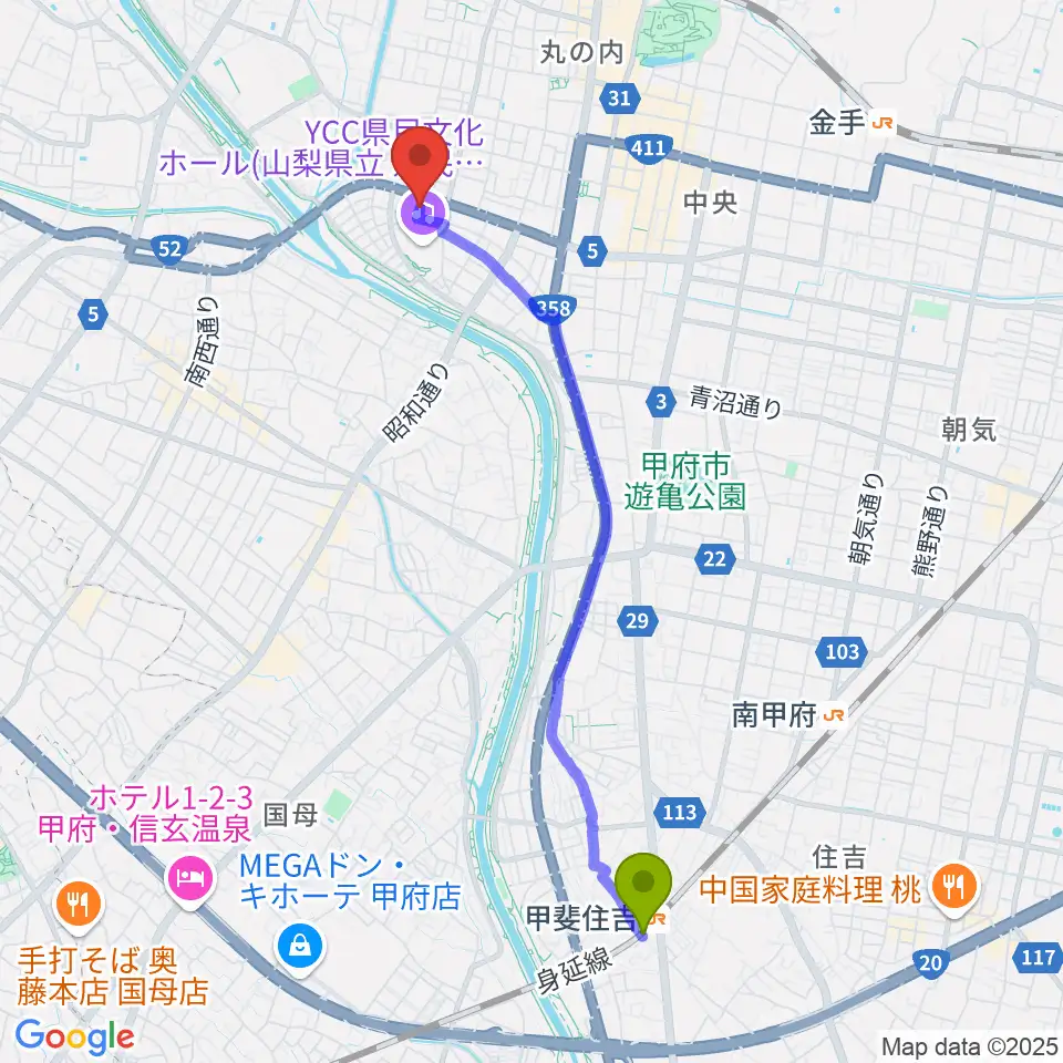 甲斐住吉駅から楽器工房コンチェルトへのルートマップ地図