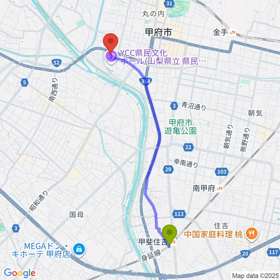 甲斐住吉駅から楽器工房コンチェルトへのルートマップ地図