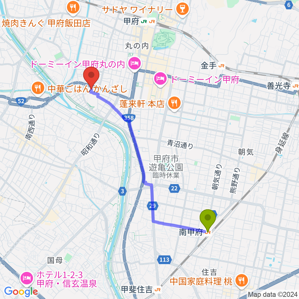 南甲府駅から楽器工房コンチェルトへのルートマップ地図