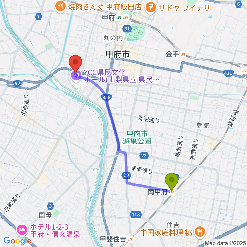 南甲府駅から楽器工房コンチェルトへのルートマップ地図