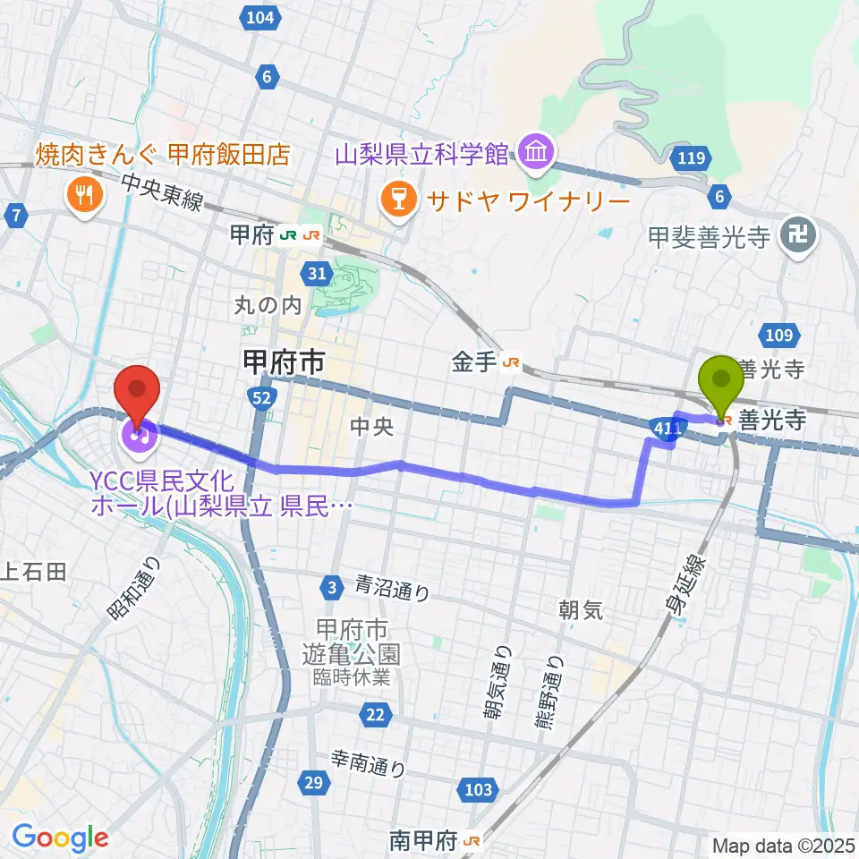 善光寺駅から楽器工房コンチェルトへのルートマップ地図
