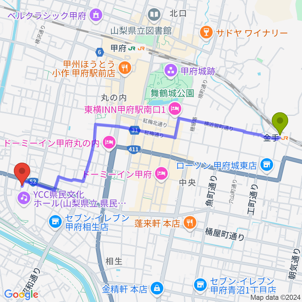 金手駅から楽器工房コンチェルトへのルートマップ地図