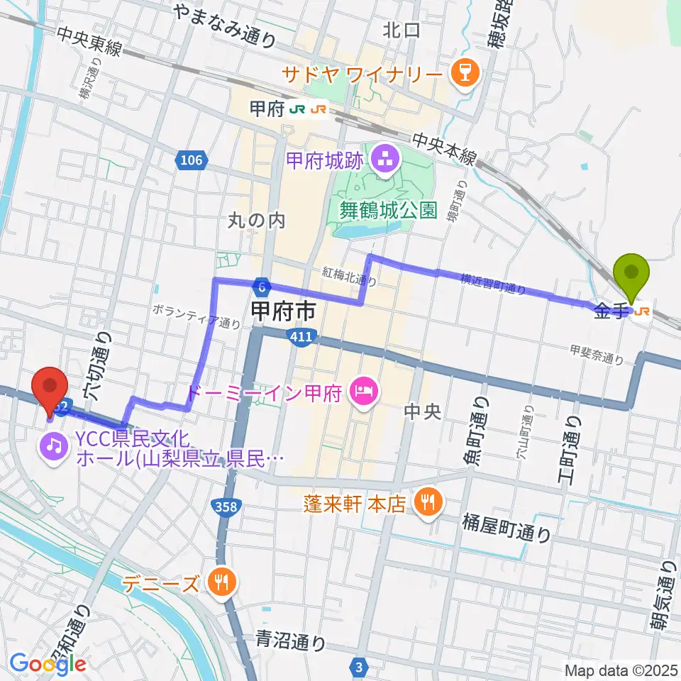 金手駅から楽器工房コンチェルトへのルートマップ地図