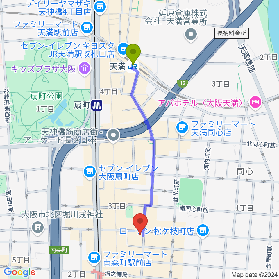 天満駅からimplant4へのルートマップ地図