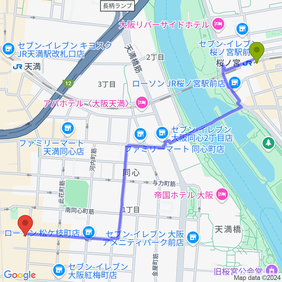 桜ノ宮駅からimplant4へのルートマップ地図