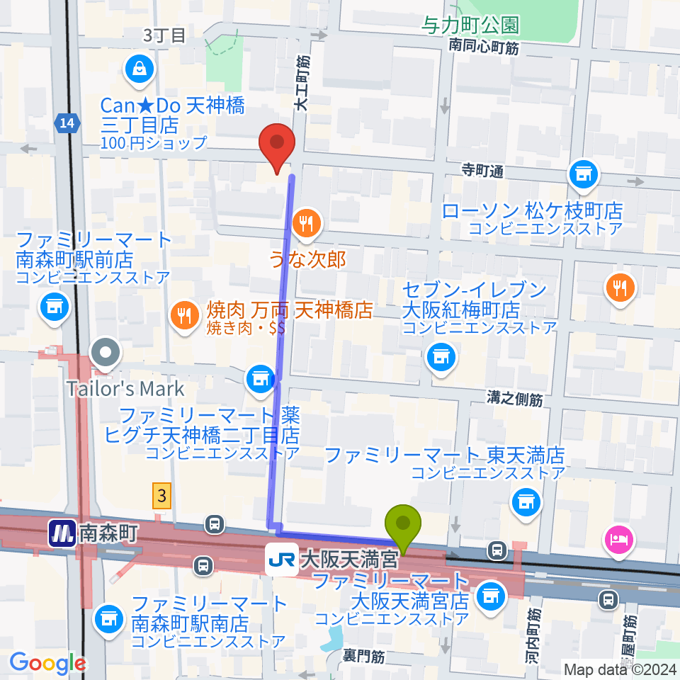 implant4の最寄駅大阪天満宮駅からの徒歩ルート（約5分）地図