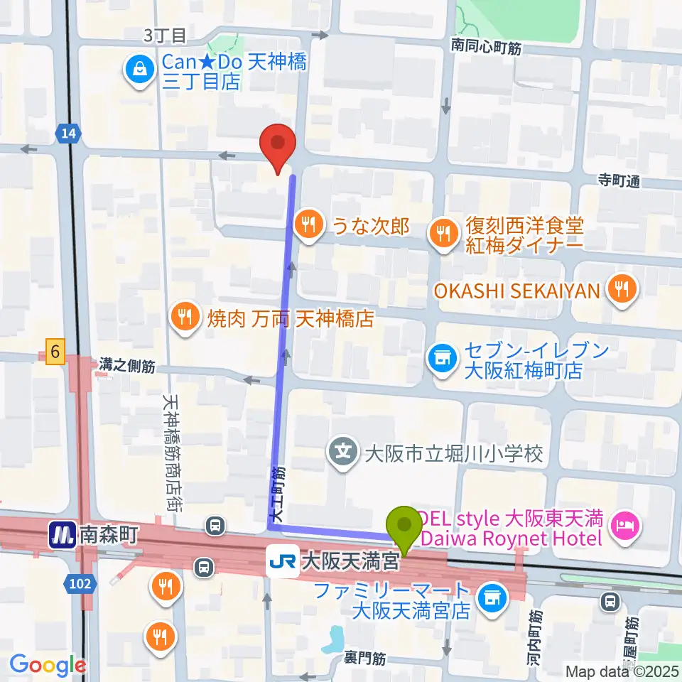 implant4の最寄駅大阪天満宮駅からの徒歩ルート（約5分）地図