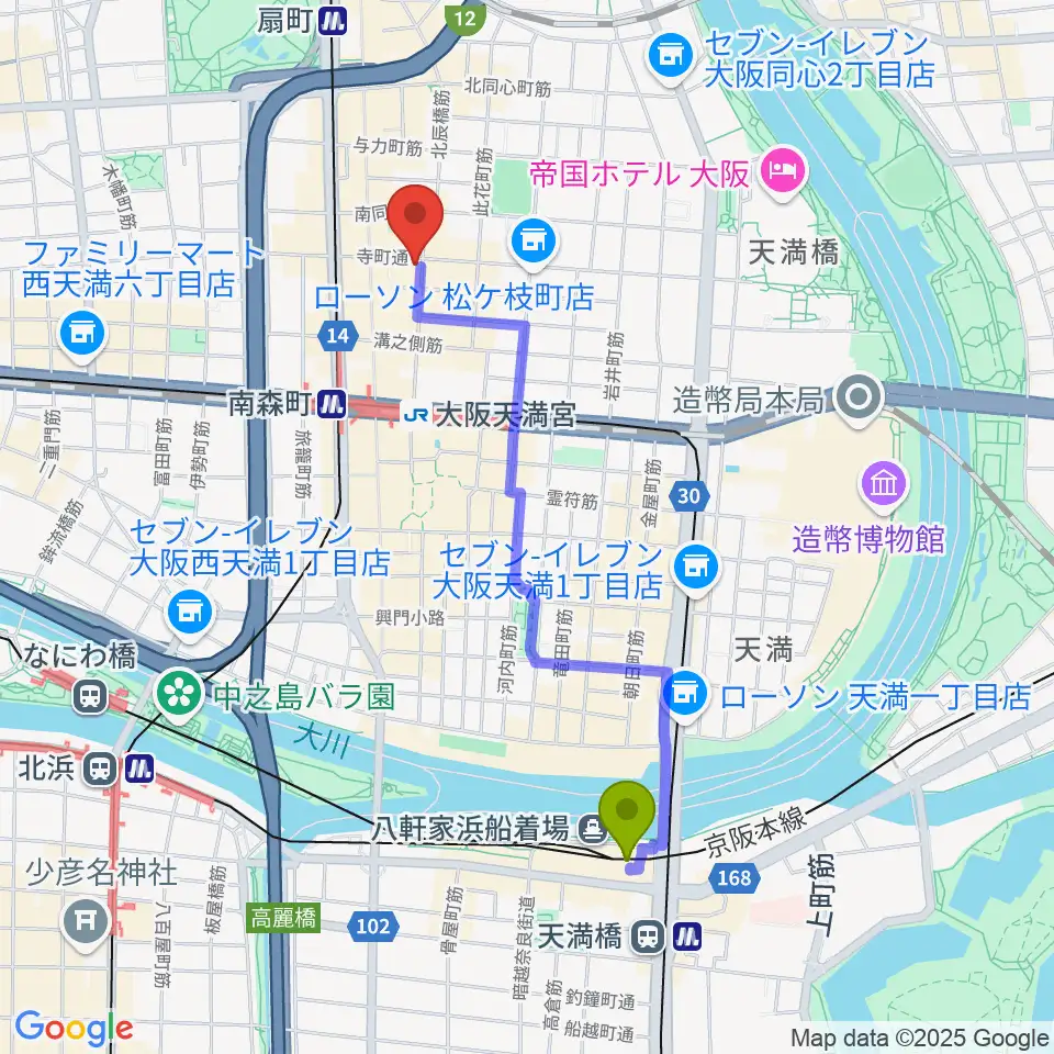 天満橋駅からimplant4へのルートマップ地図