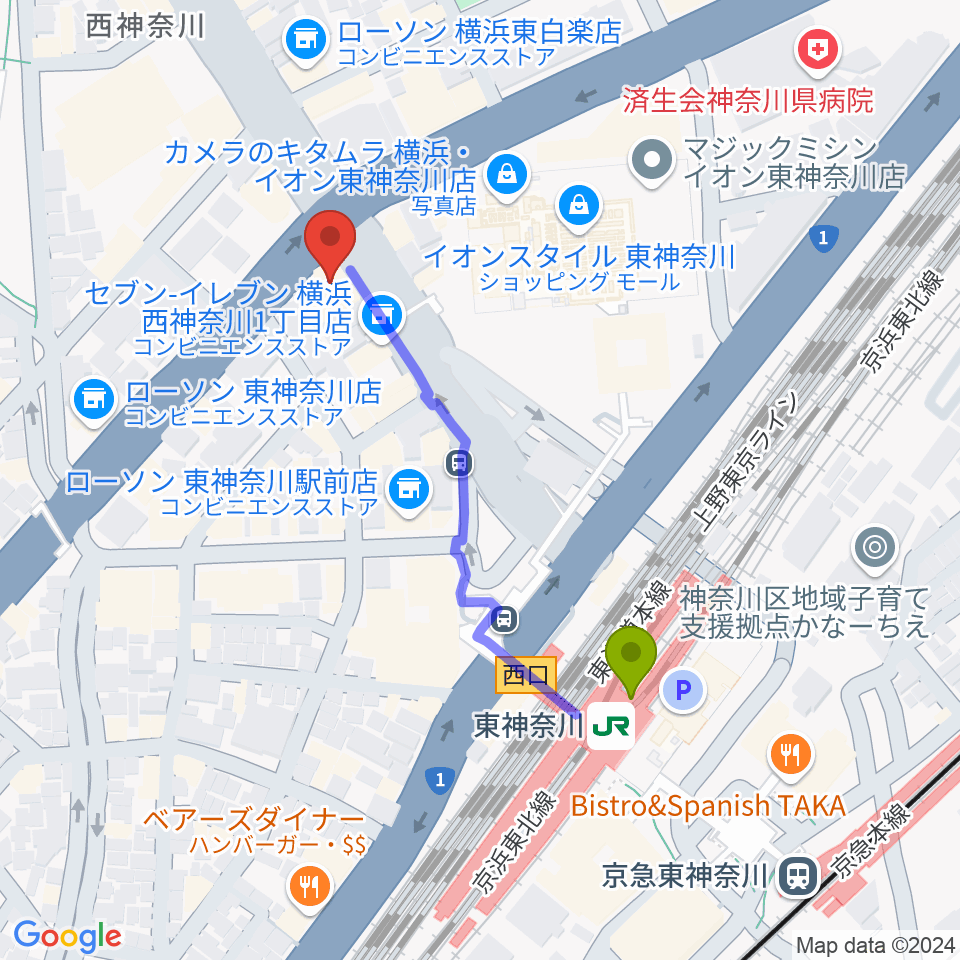 東神奈川音楽英語教育研究所の最寄駅東神奈川駅からの徒歩ルート（約4分）地図