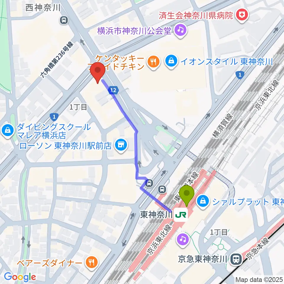 東神奈川音楽英語教育研究所の最寄駅東神奈川駅からの徒歩ルート（約4分）地図