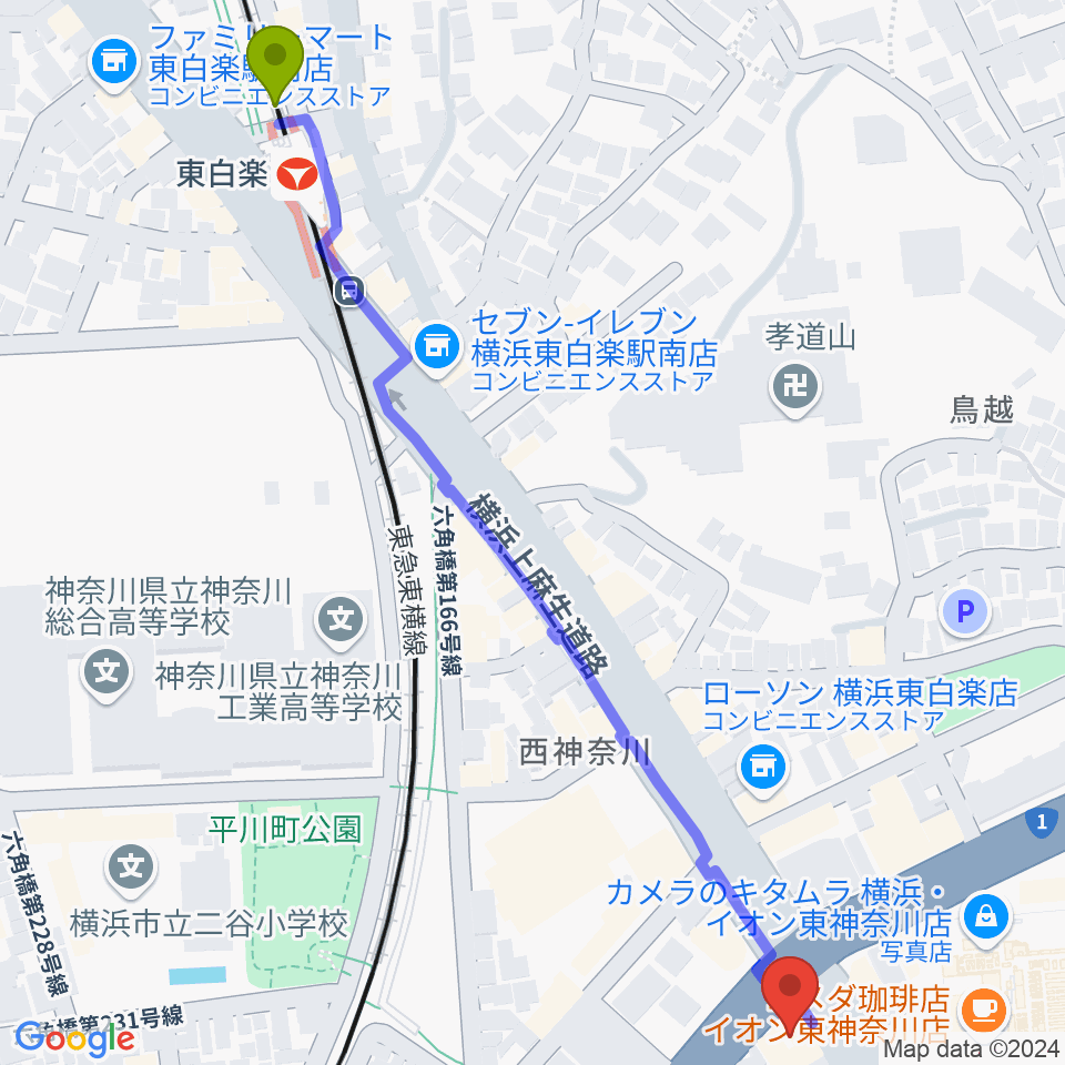 東白楽駅から東神奈川音楽英語教育研究所へのルートマップ地図