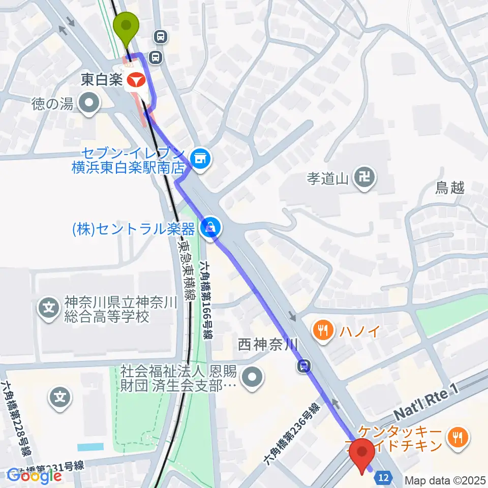 東白楽駅から東神奈川音楽英語教育研究所へのルートマップ地図