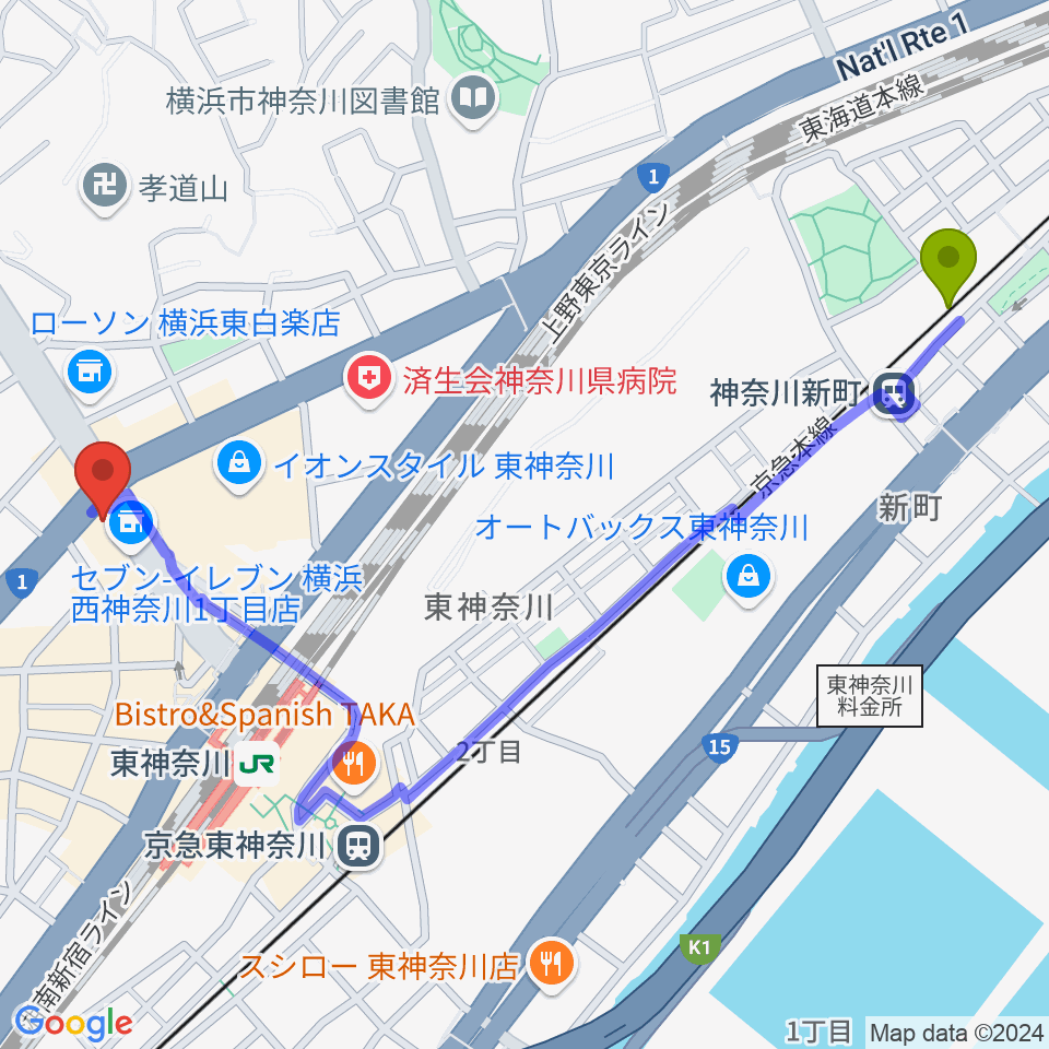 神奈川新町駅から東神奈川音楽英語教育研究所へのルートマップ地図