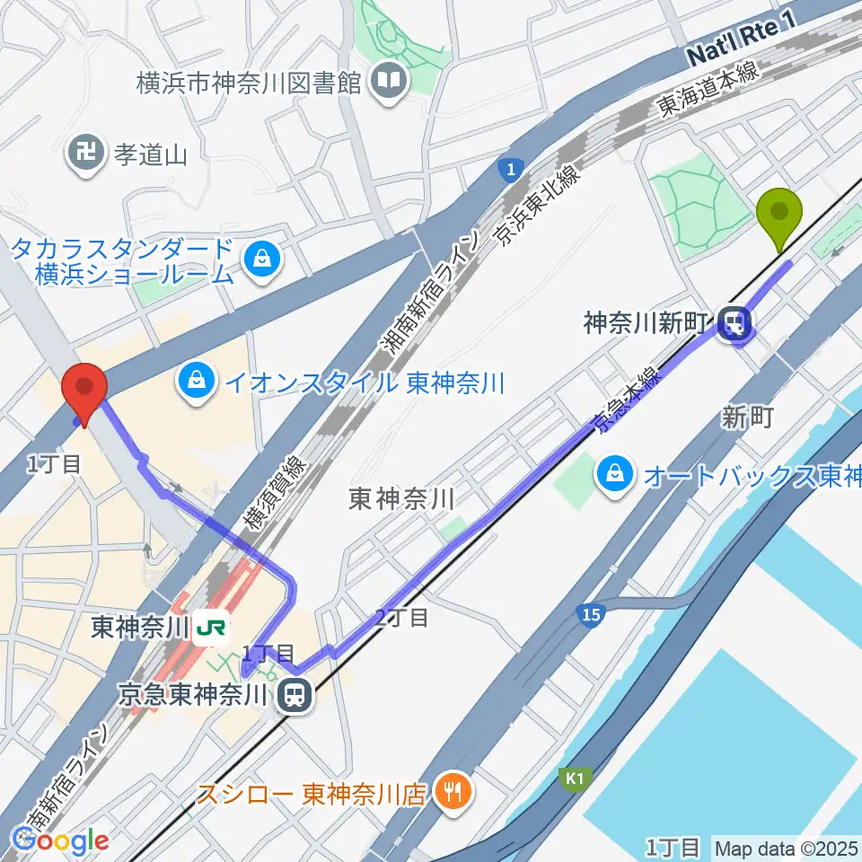 神奈川新町駅から東神奈川音楽英語教育研究所へのルートマップ地図