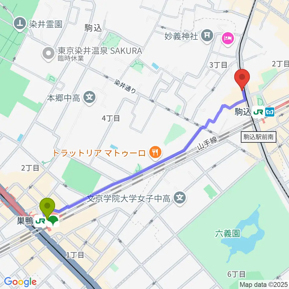 巣鴨駅からスタジオダンダンへのルートマップ地図