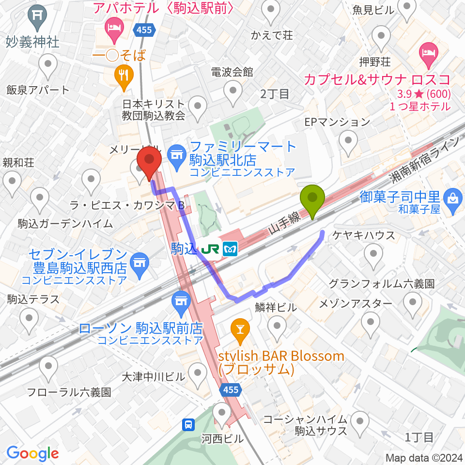 スタジオダンダンの最寄駅駒込駅からの徒歩ルート（約3分）地図