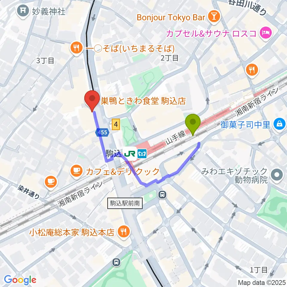 スタジオダンダンの最寄駅駒込駅からの徒歩ルート（約3分）地図
