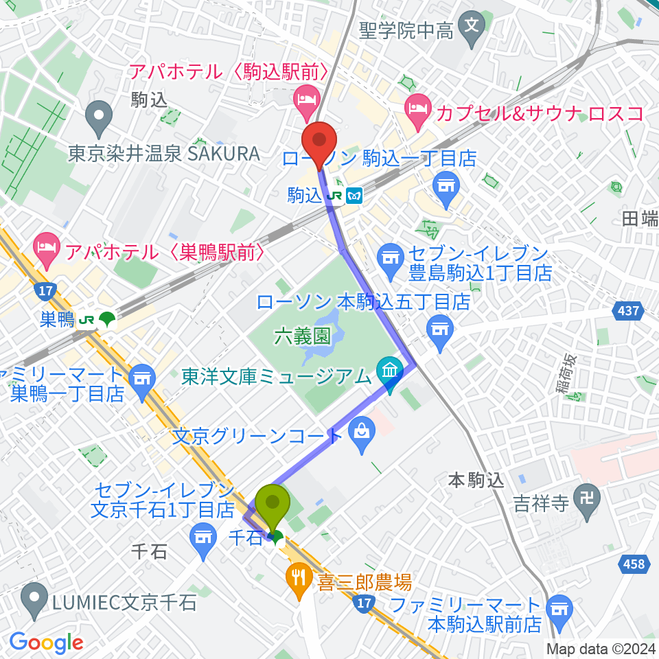 千石駅からスタジオダンダンへのルートマップ地図