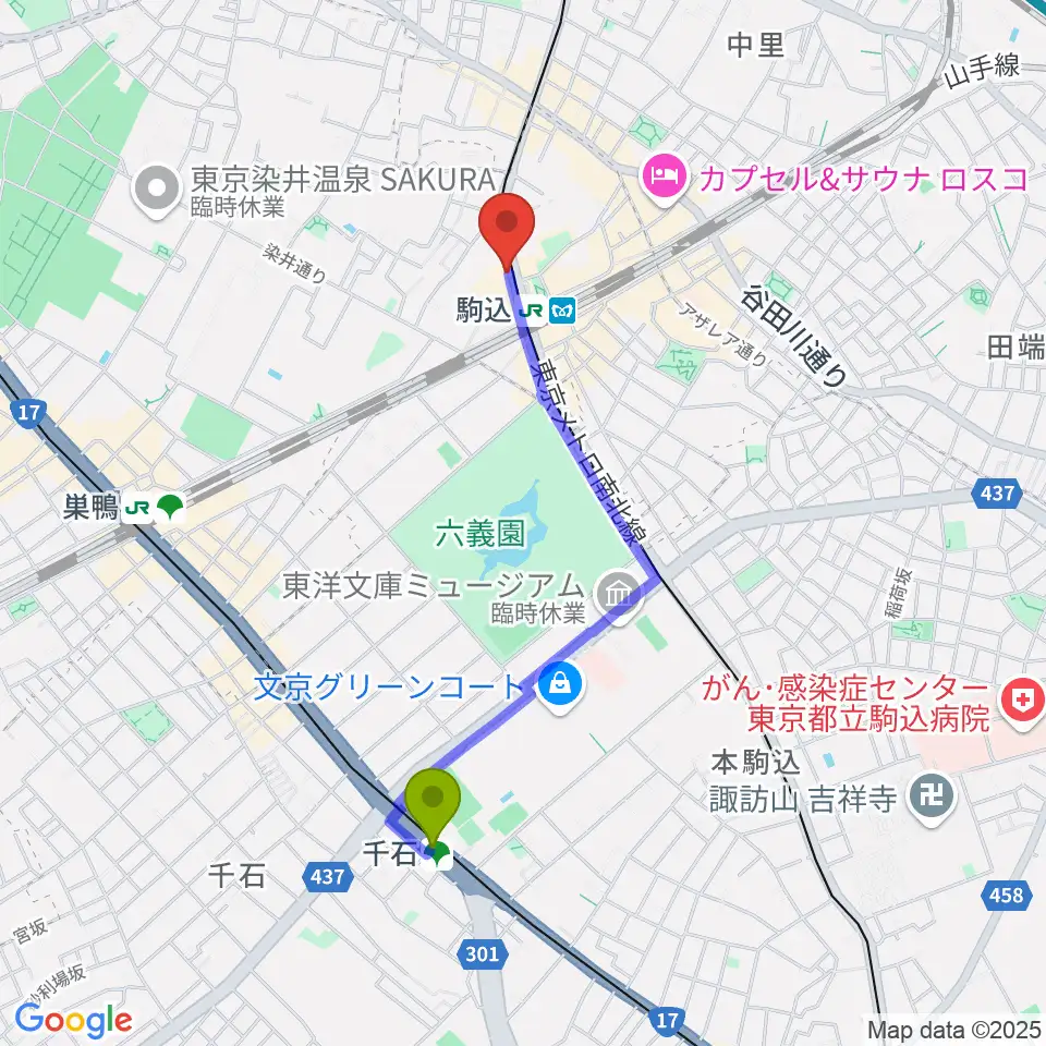 千石駅からスタジオダンダンへのルートマップ地図