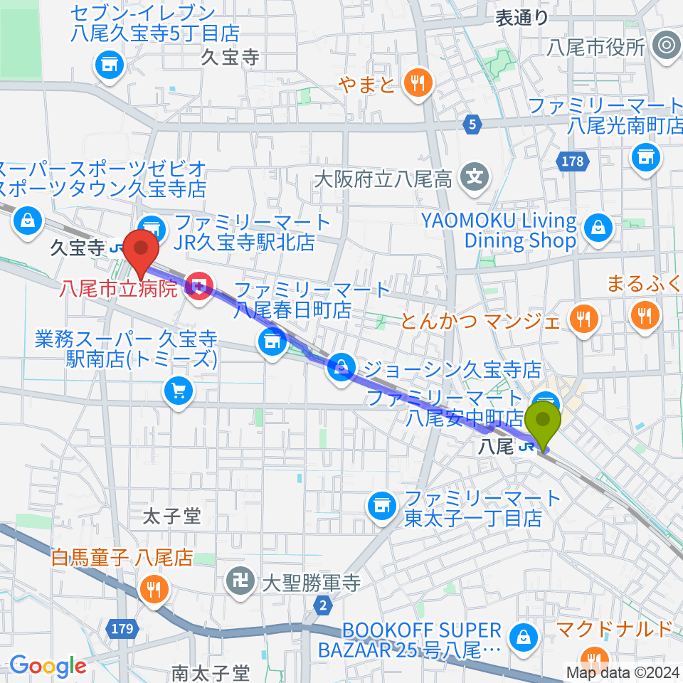 八尾駅から菊重精峰（箏・三絃・胡弓）へのルートマップ地図