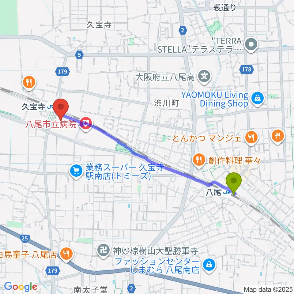 八尾駅から菊重精峰（箏・三絃・胡弓）へのルートマップ地図