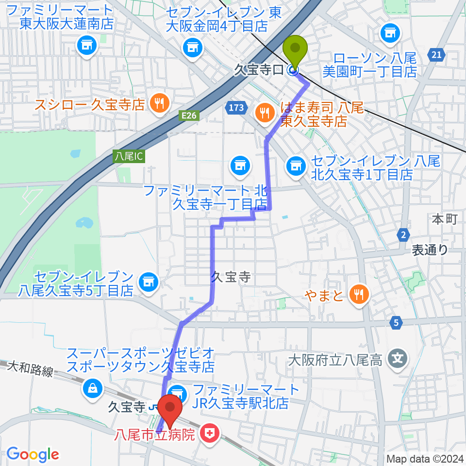 久宝寺口駅から菊重精峰（箏・三絃・胡弓）へのルートマップ地図