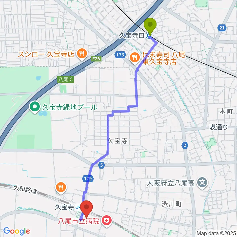 久宝寺口駅から菊重精峰（箏・三絃・胡弓）へのルートマップ地図