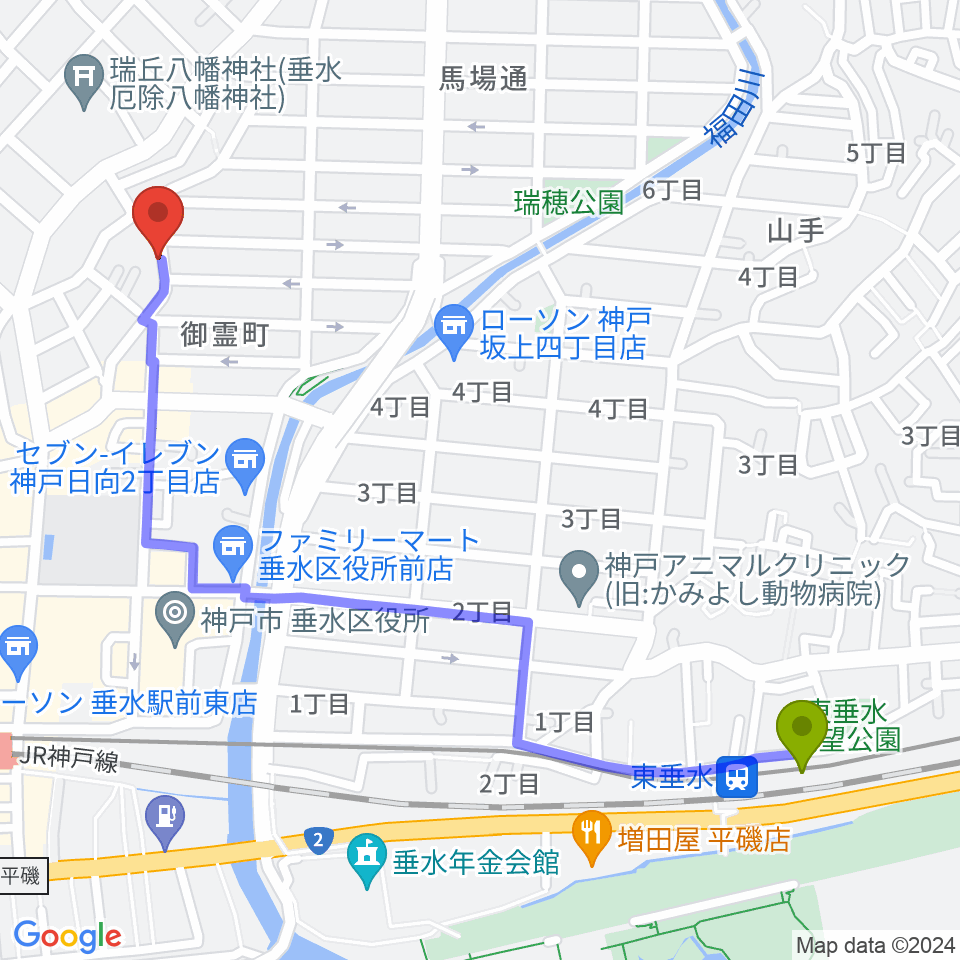 東垂水駅からmoonbow papaへのルートマップ地図