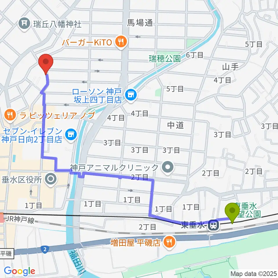 東垂水駅からmoonbow papaへのルートマップ地図