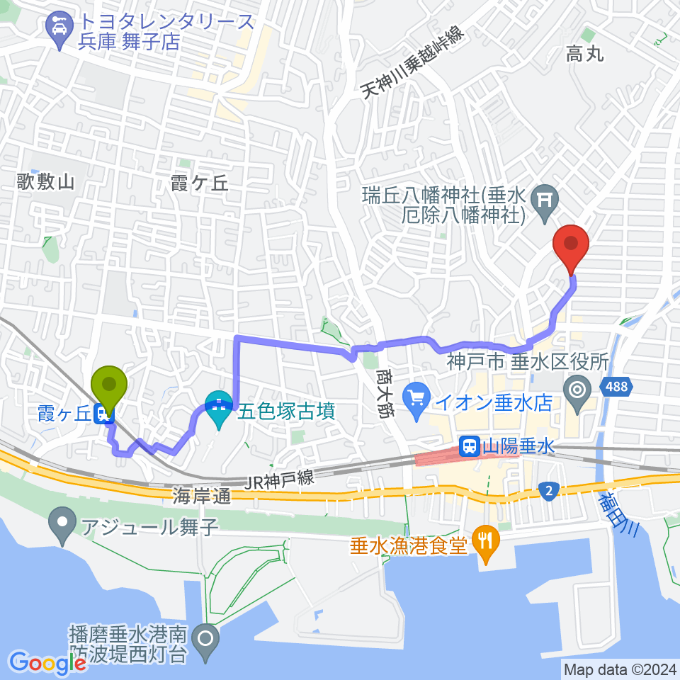 霞ヶ丘駅からmoonbow papaへのルートマップ地図