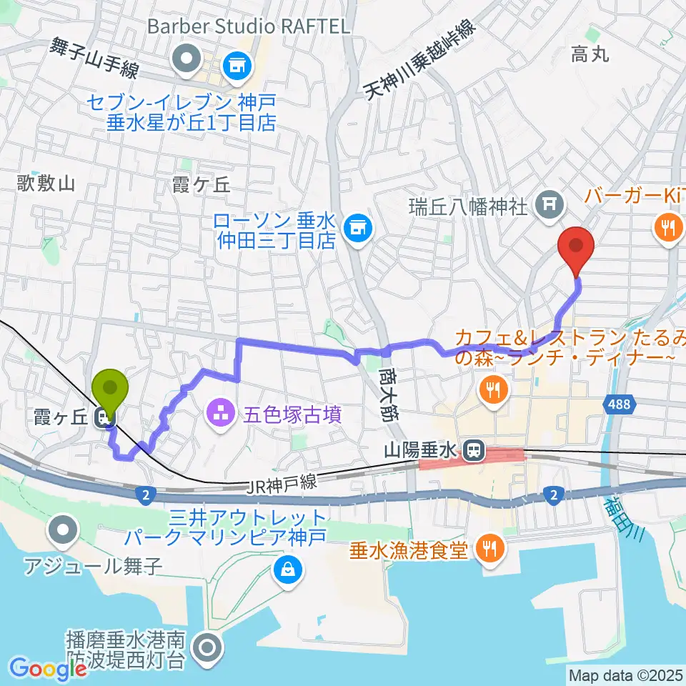 霞ヶ丘駅からmoonbow papaへのルートマップ地図